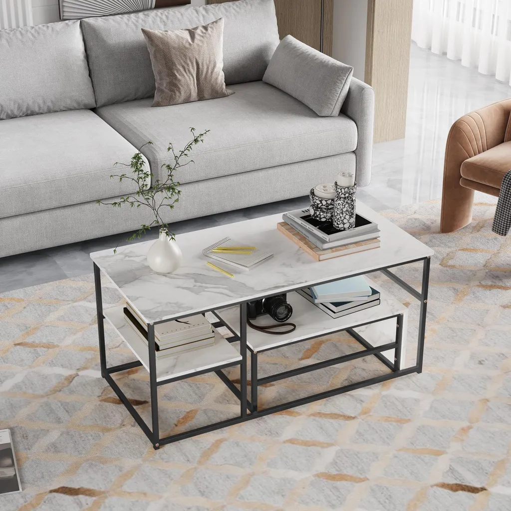Due tavolini moderni - Struttura in metallo effetto marmo - Per soggiorno e balcone - Nero