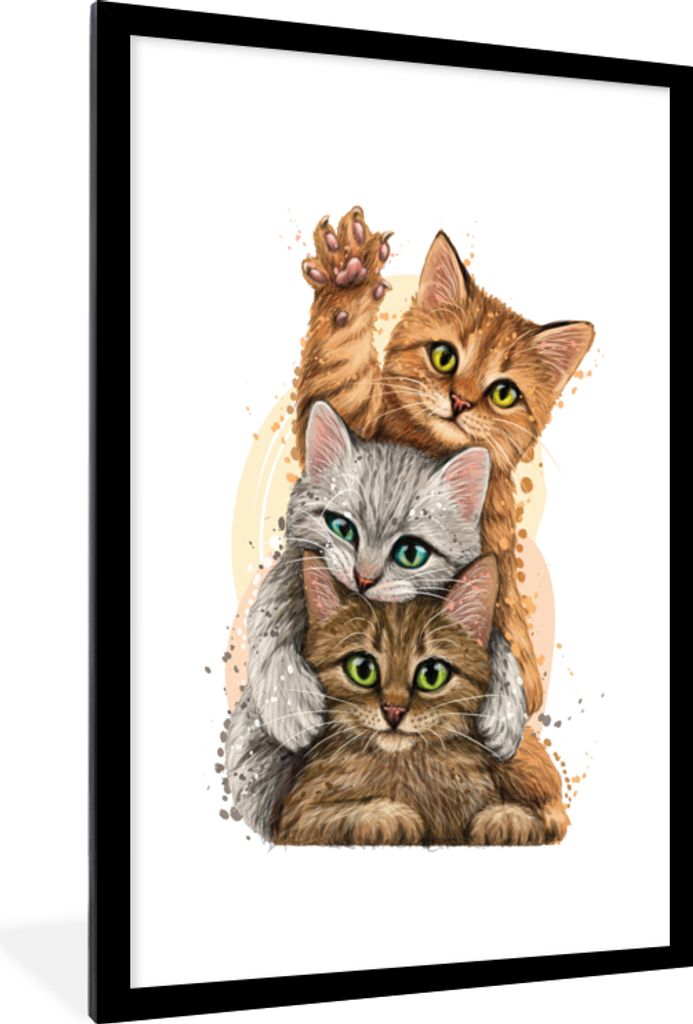 MuchoWow Gerahmtes Poster Katzen - Illustration - Haustiere - Katze 60x90 cm - Poster mit Schwarzem Bilderrahmen Wandposter Rahmen Foto Bilder - ...