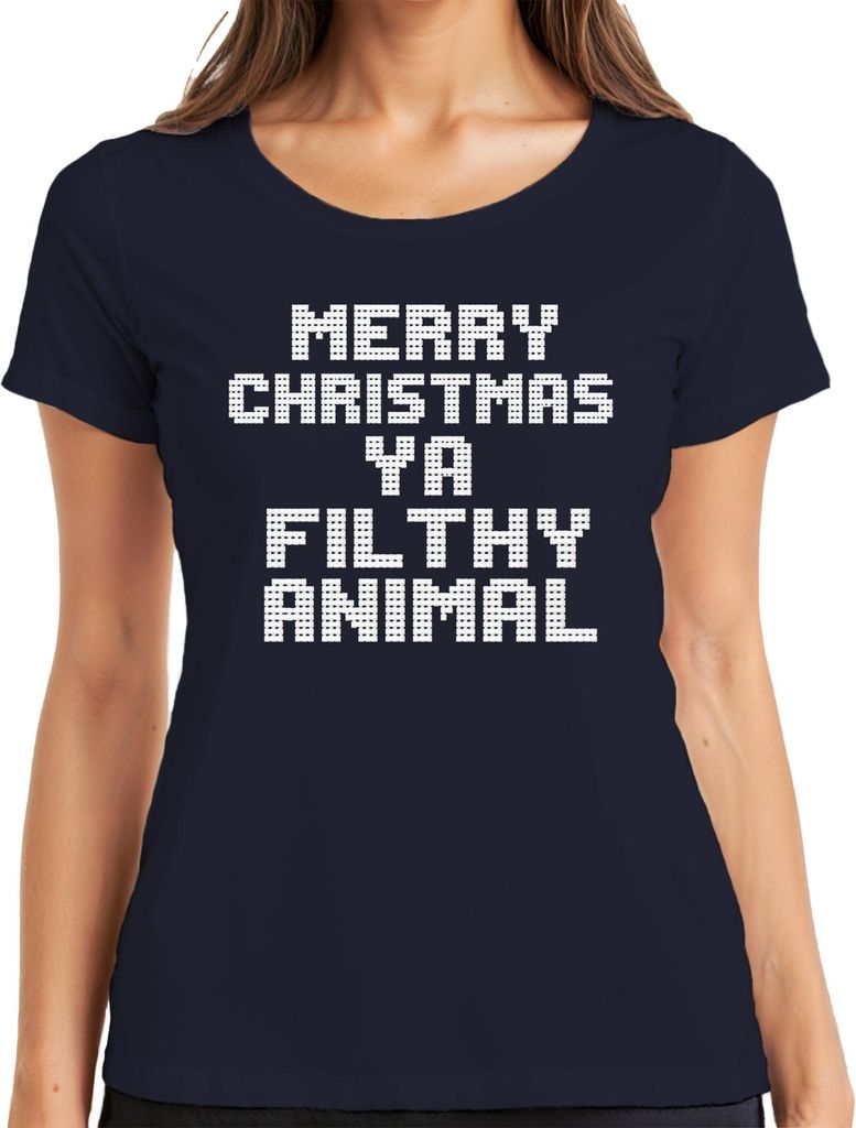 Merry Christmas Ya Filthy Animal Weihnachten Filmzitat Kultspruch Damen T-Shirt, Navy, S