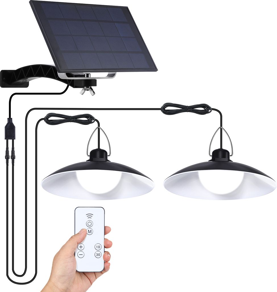 Außen Solarlampe Solar Pendelleuchte Dimmbar IP65 Wasserdichte Garten Hängelampe mit 2 Lampen und Fernbedienung, Kaltweiß