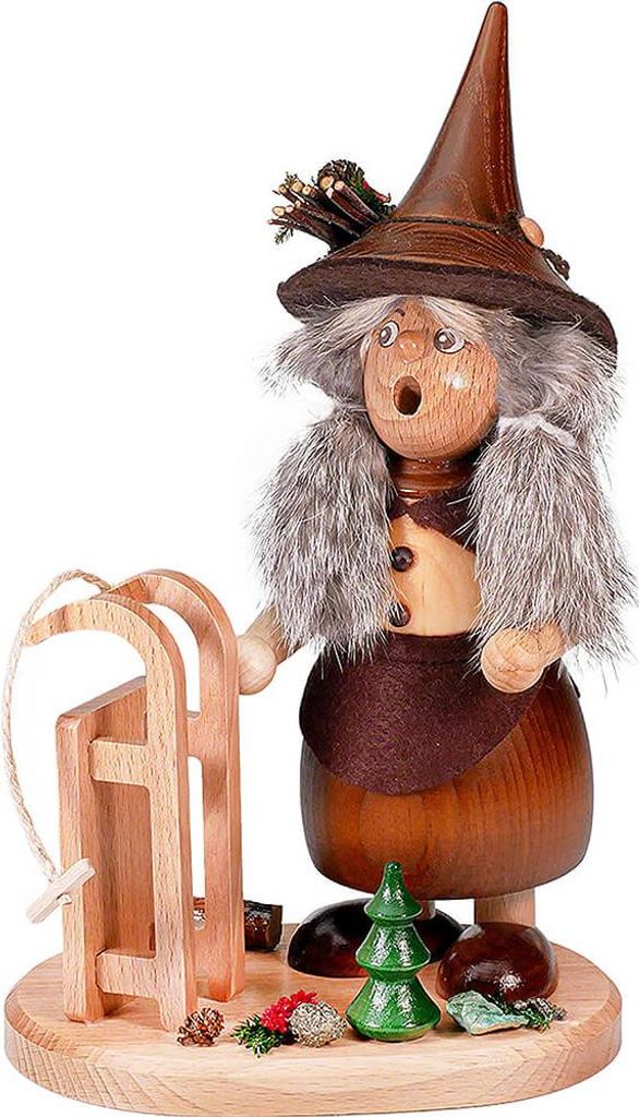 Wichtelfrau mit Schlitten (25cm) Räuchermann von Drechselwerkstatt Uhlig