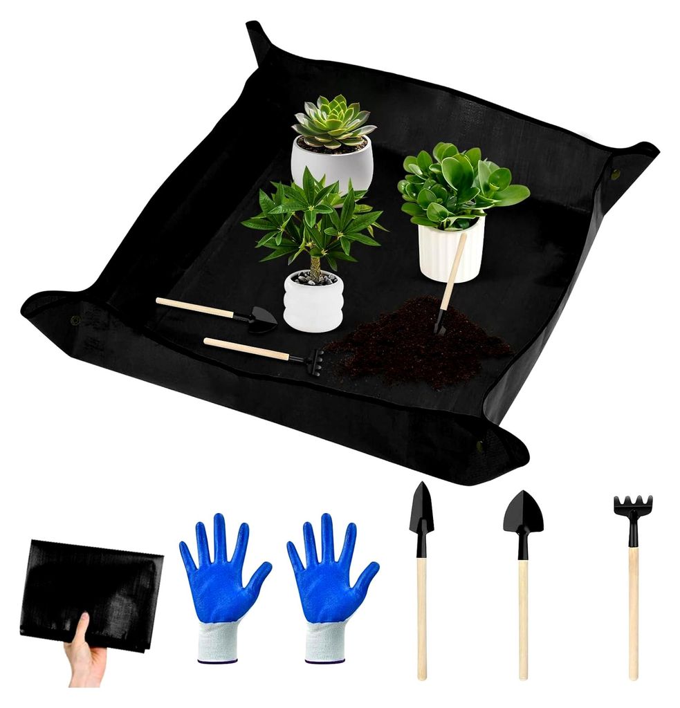 Pflanzmatte 100x100cm, wasserdichte Gartenmatte, Umtopfmatte mit Gartenwerkzeug, faltbare Matte für Sukkulenten und Topfpflanzen