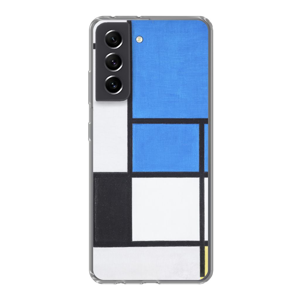 MuchoWow Handyhülle Schutzhülle Hülle für Samsung Galaxy S21 FE Komposition mit Blau, Rot, Schwarz, Gelb und Grau - Piet Mondrian Silikon Sof...