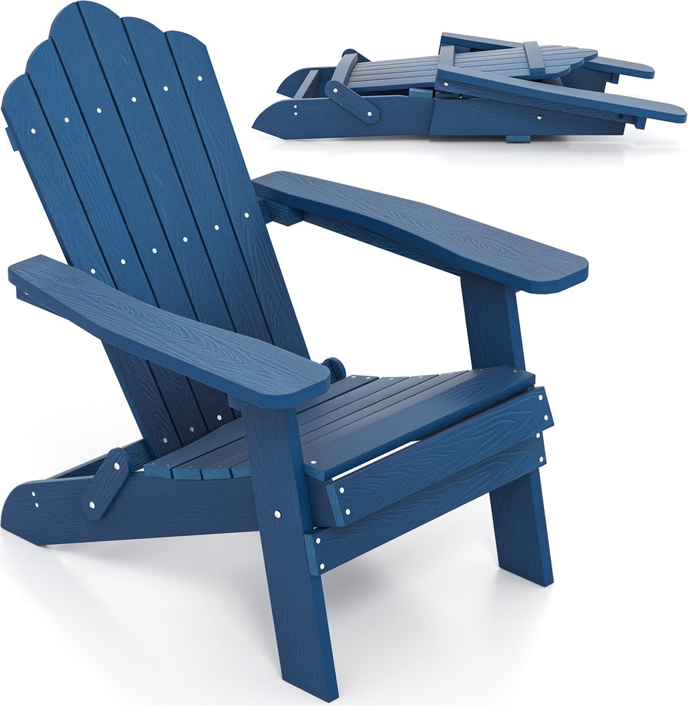 A blue Adirondack chair is shown in an open and folded state against a white background.