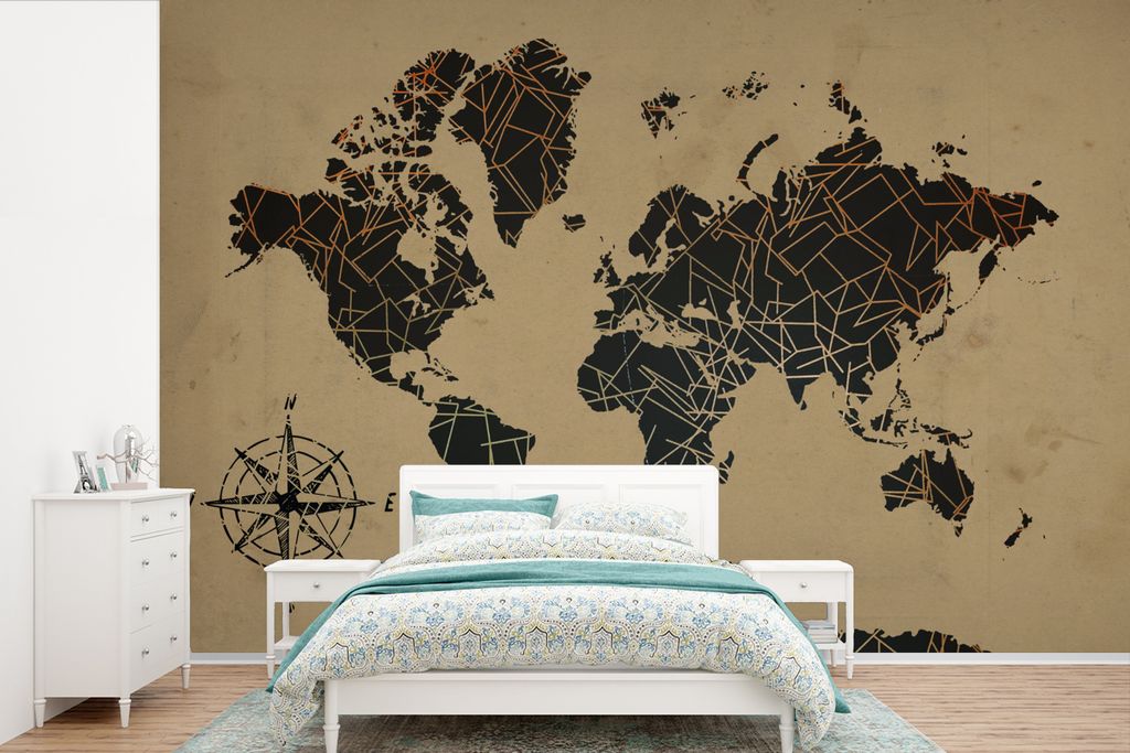 MuchoWow Fototapete für Wohnzimmer oder Schlafzimmer Wandtapete Vinyl Motivtapete Weltkarte - Vintage - Kompassrose - 600x400 cm - Vinyltapeten