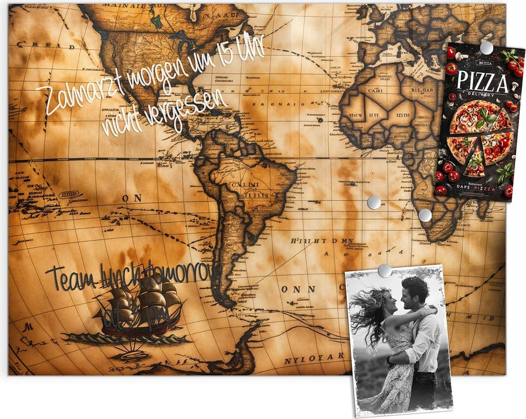 Magnettafel 120x90cm Pinnwand Whiteboard beschreibbar - Vintage Weltkarte Kompass