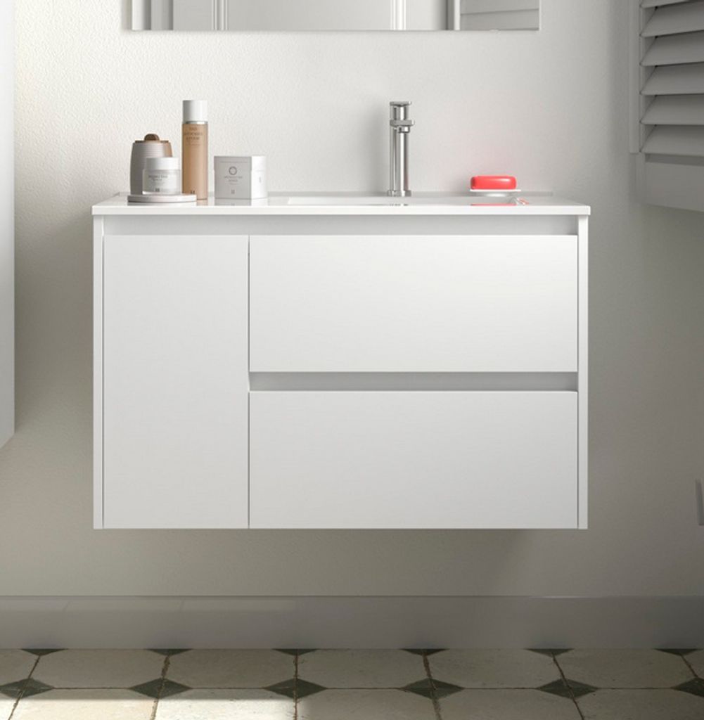 Noja Unterschrank 850 2 Schubladen 1 Tür li + Waschbecken White Satin