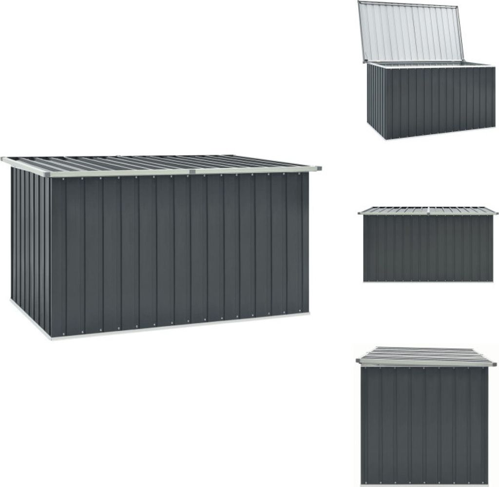 A collage of images showing a dark gray garden storage box from different angles, with one image showing the lid open.