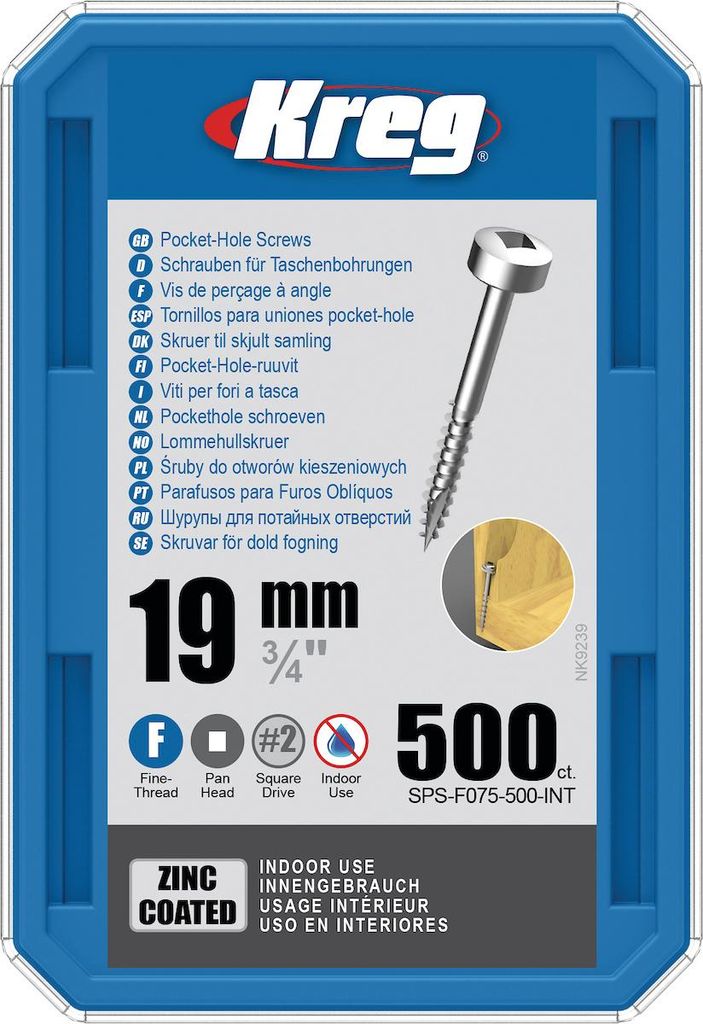 Kreg Pocket-Hole Schrauben 19 mm, Verzinkt, Flachkopf, Feingewinde - 500Stk.