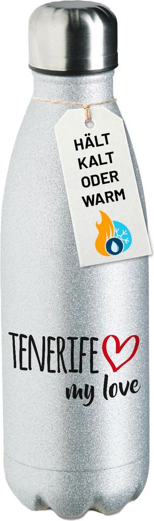 Huuraa Trinkflasche Tenerife my love 500ml Silver Edelstahl Wasserflasche Trinkflasche Geschenkidee