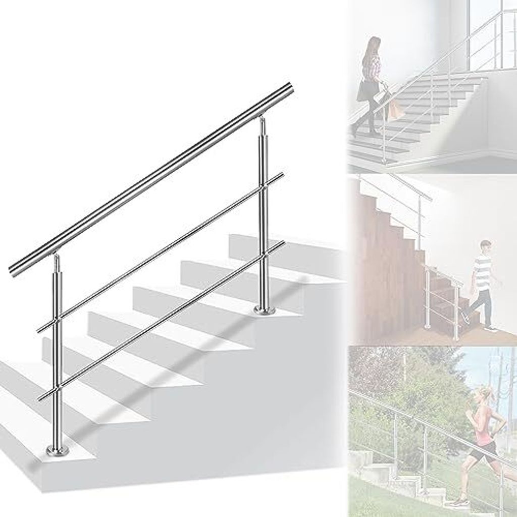 ACXIN Handlauf Geländer Treppengeländer Ø 42 mm Geländerstäben aus Edelstahl Terrassengeländer Bodenmontage Bausatz Treppen (200cm, 2 Querstr...