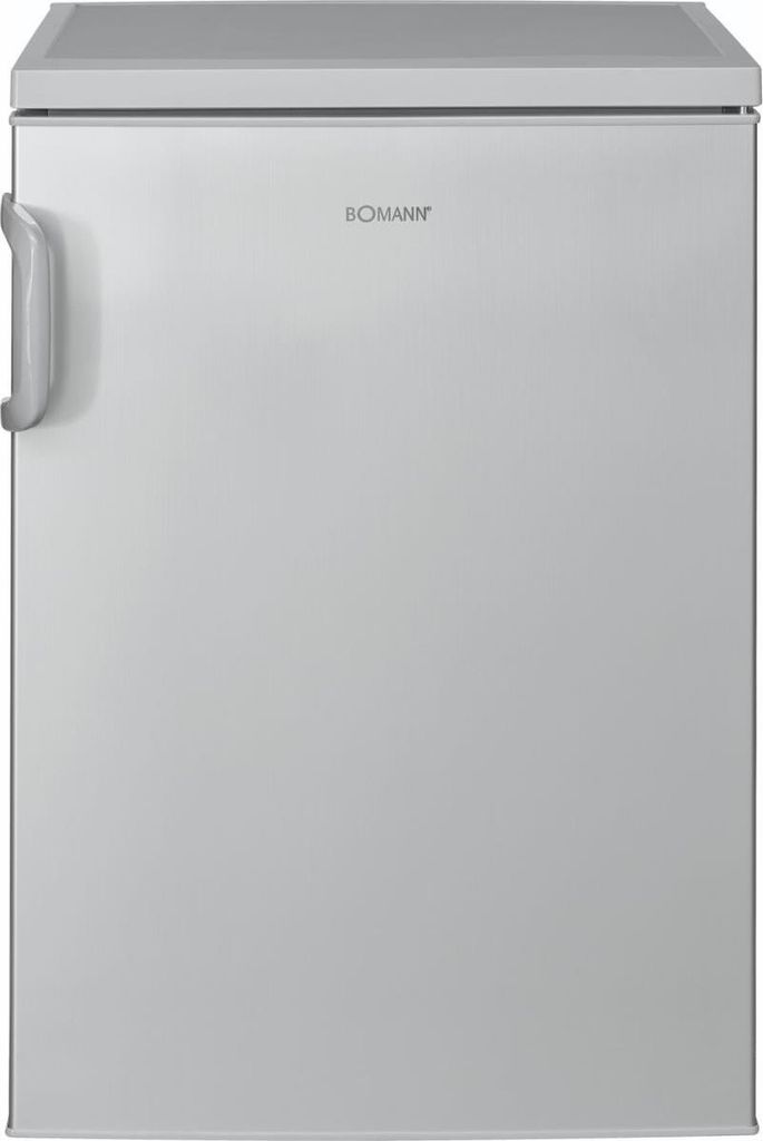 A front view of a silver refrigerator with a silver handle on the left side.