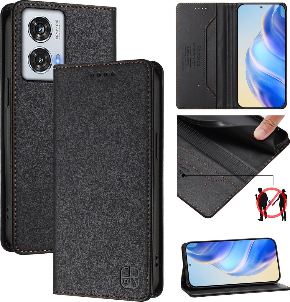 Lederhülle für Motorola Edge 50 Fusion Hülle Flip Brieftasche Kartenfächern Ständer Schutzhülle Schwarz