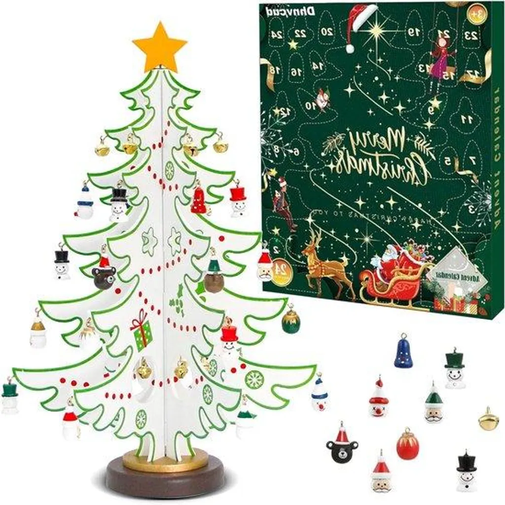 Mini sapin de Noël en bois avec 24 décorations et 12 clochettes - 35 cm