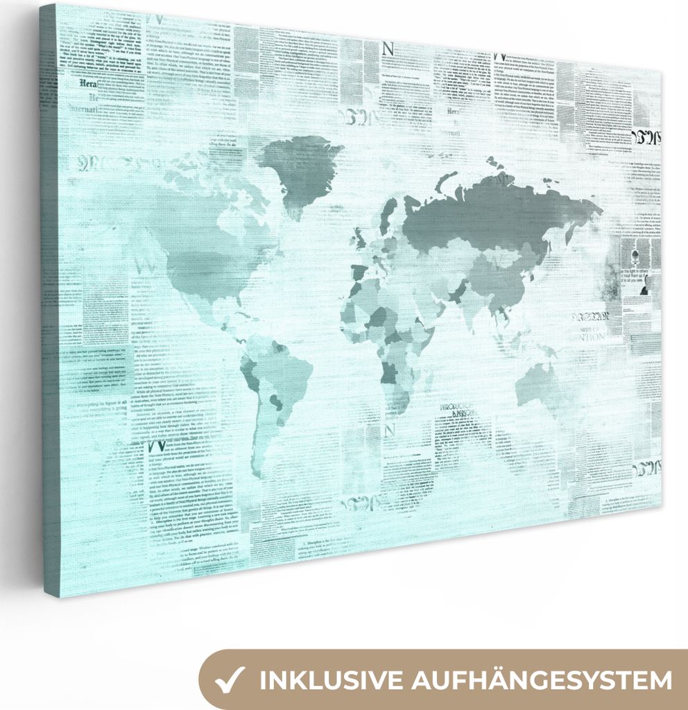 OneMillionCanvasses - Leinwandbilder - 150x100 cm, Weltkarte - Zeitung - Blau, Wandbilder Kunstdruck Wanddekoration