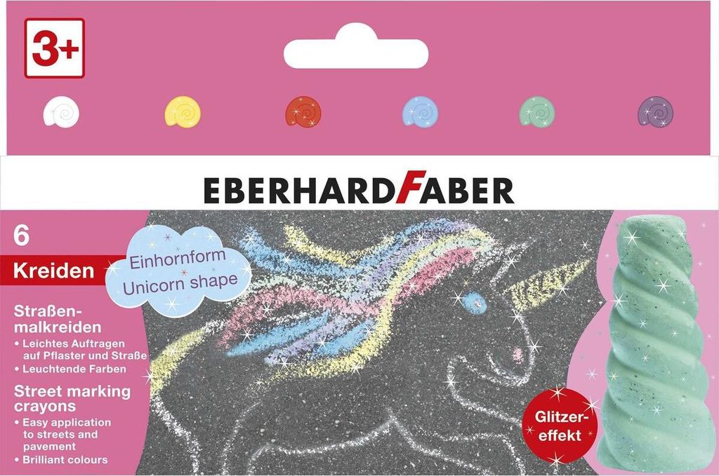 Straßenmalkreide - 6er Kartonetui Einhornform mit Glitzereffekt. Packung mit 6 Stück