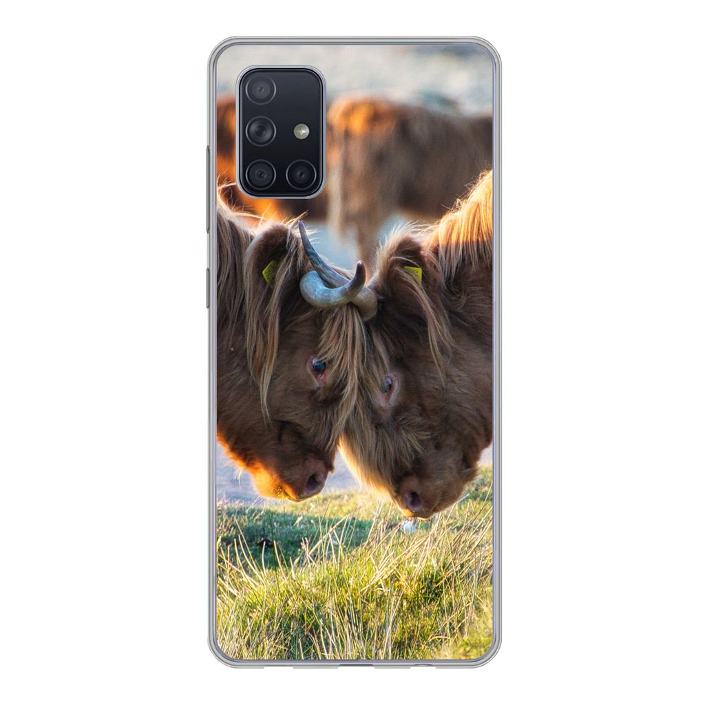 MuchoWow Handyhülle Schutzhülle Hülle für Samsung Galaxy A51 Schottische Highlander - Tiere - Sonne Silikon Softcase Handy Hülle - Schutzabd...