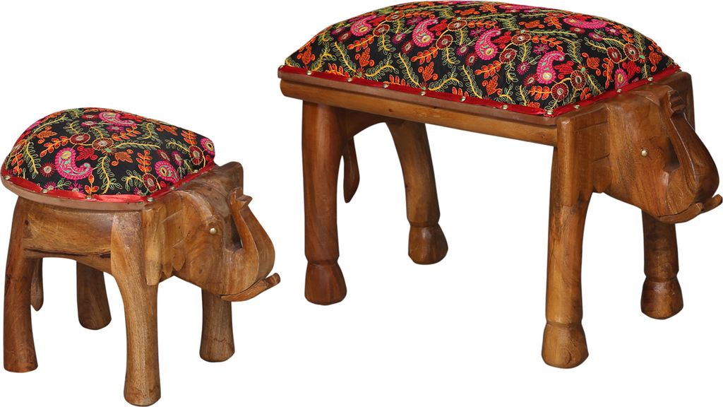 Marrakesch 2er Set Sitzhocker aus Holz bestickt 70 & 40cm groß | Orientalische Deko Elefantenhocker Bunt als Schlafzimmer oder Flur Deko | Retro P...