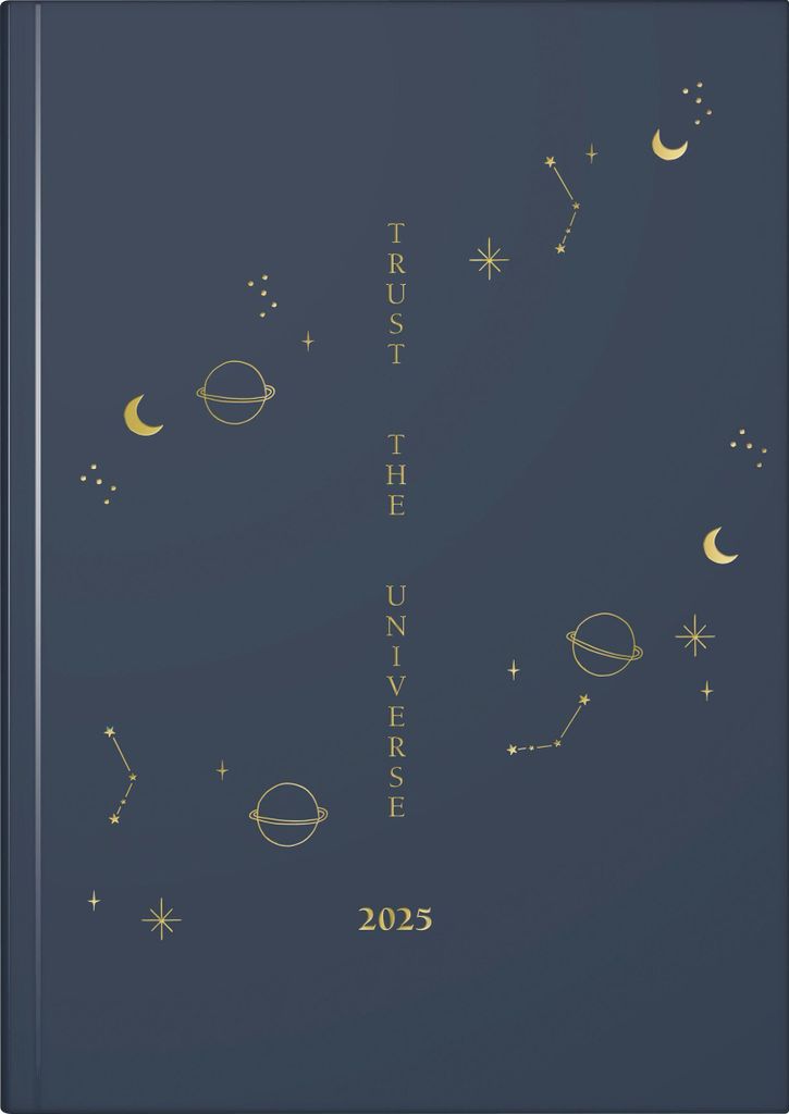 rido/idé 7021507025 Buchkalender Young Line (2025) "Universe"| 2 Seiten = 1 Woche| A5| 160 Seiten| Grafik-Einband| dunkelblau