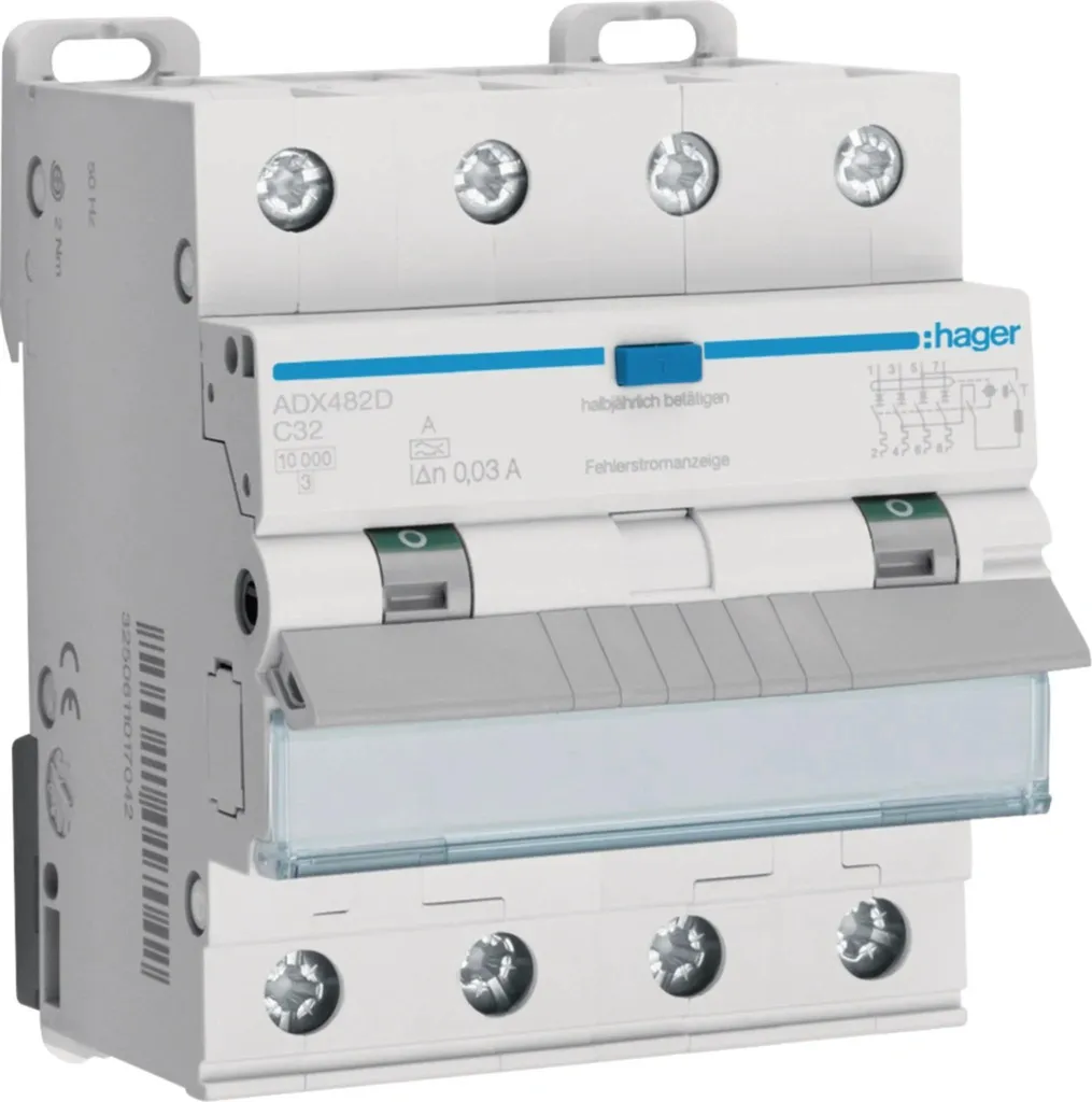 Disjoncteur Hager 4P 32A 30mA pour protection circuit triphasé Type A