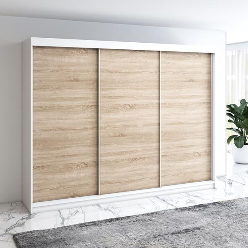 Schwebetürenschrank MERO 3-türig Schrank 200 cm mit schublade (Weiß, Schwarz, Sonoma)