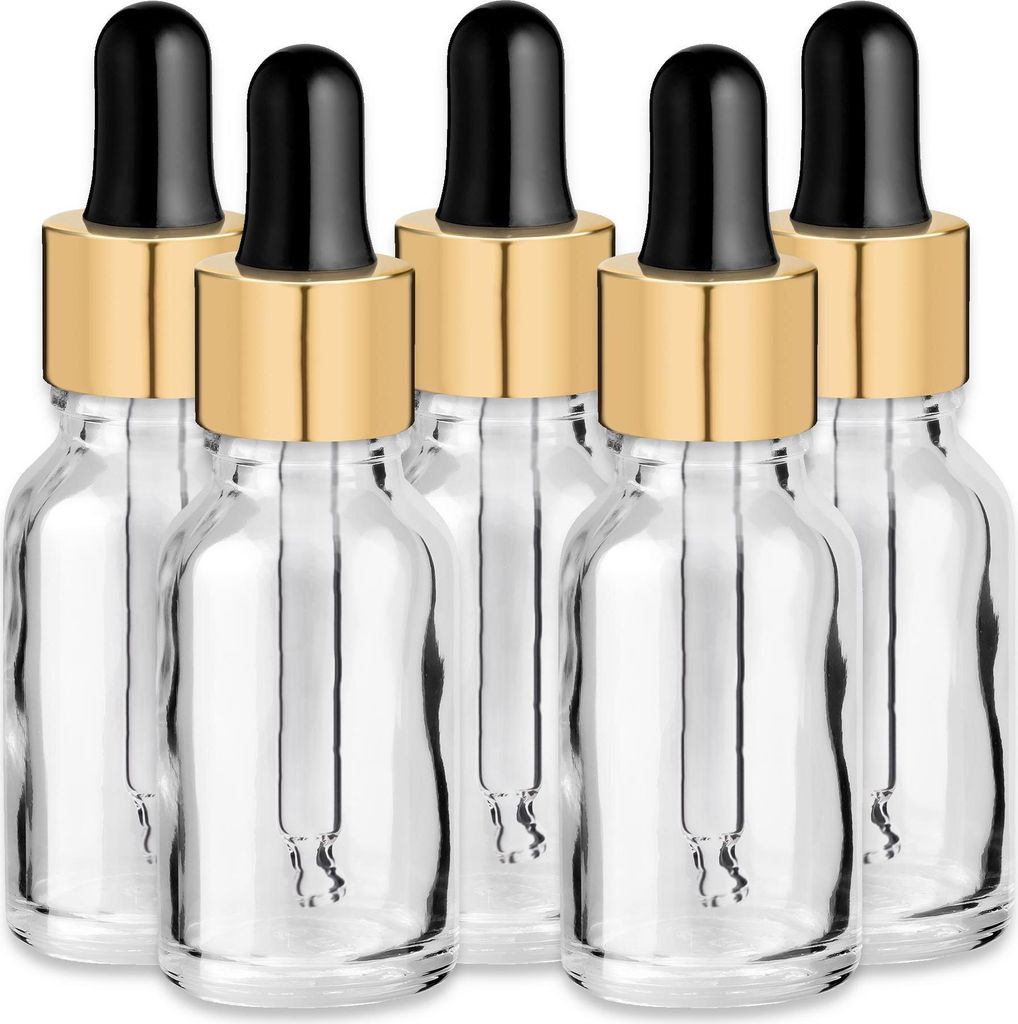 Glasflasche klar 15 ml mit goldener Aluminiumpipette – 5er-Set