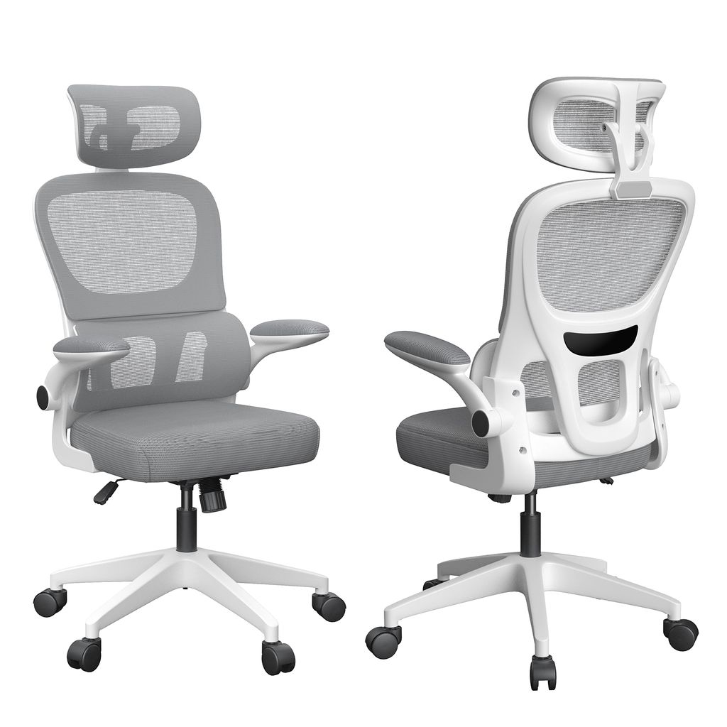 Two views of an ergonomic office chair against a white background.