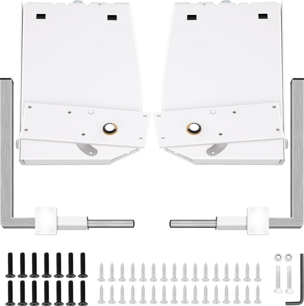 A set of hardware components for a DIY Murphy bed mechanism, including brackets, rods, and screws, laid out on a white background.
