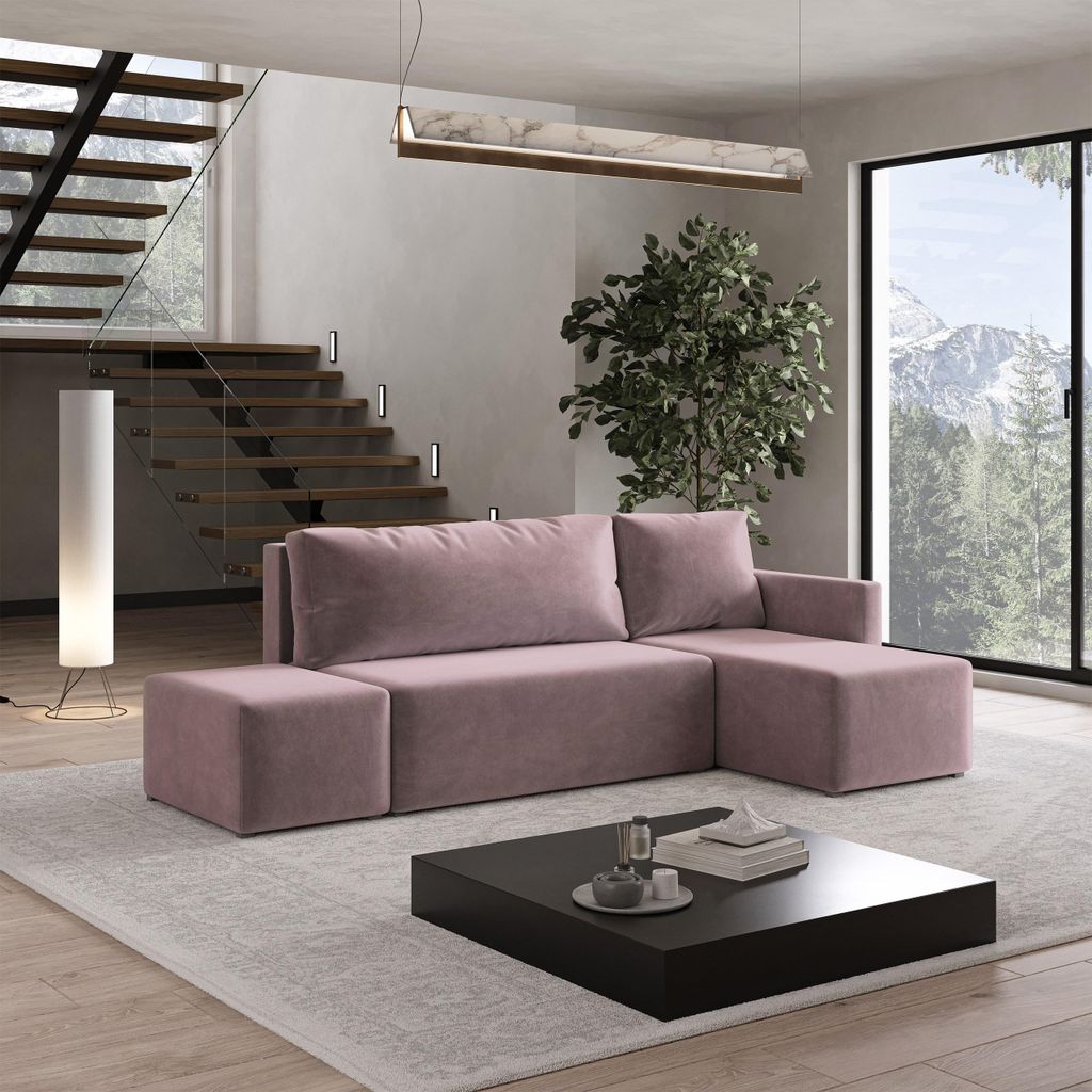 Masseno Ecksofa VELOTTI R-S mit Schlaffunktion L-Form, Sofa mit Bettkasten, Wohnzimmersofa, Couch, Soffa, Bettsofa, Couchgarnitur- Rosa, KRONOS 27