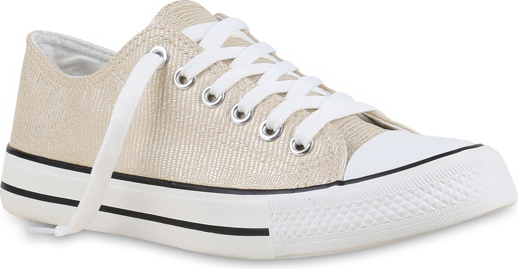 Mytrendshoe Damen Sneakers Metallic Prints Sportschuhe Schnürschuhe 814851, Farbe: Gold, Größe: 36