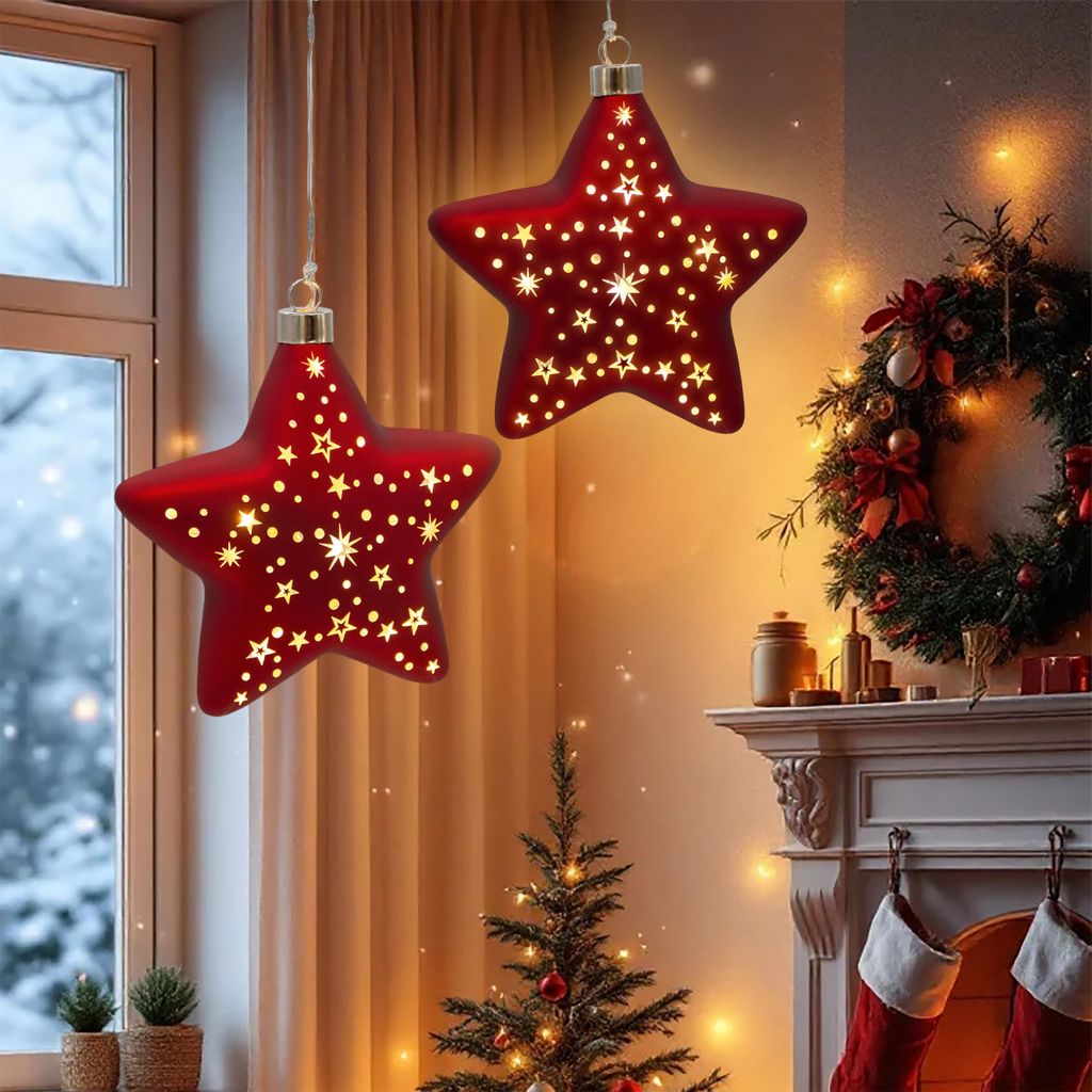Glas Weihnachtsstern rot zum Hngen mit 10 LED beleuchtet -