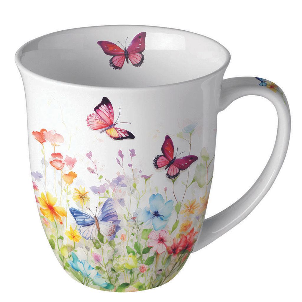 Tasse aus Porzellan Butterflies in field white - Schmetterlinge im bunten Blumenfeld 0,4L, Höhe 10,5cm Ambiente Tasse Kaffeetasse Teetasse Blumen,...