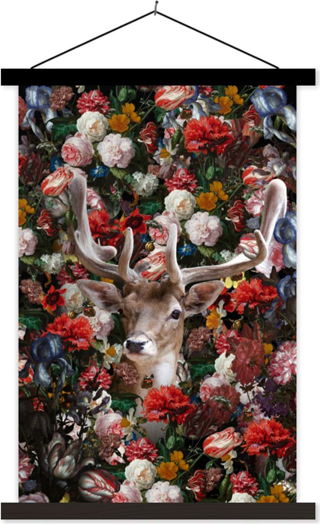 MuchoWow Textilposter Hirsche - Blumen - Geweihe 60x90 cm mit schwarzem Rahmen - Poster Wohnzimmer