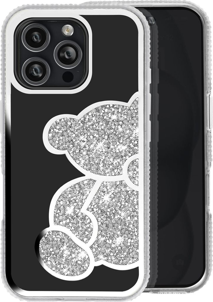 Avizar, Apple iPhone 16 Pro Glitter-Hülle mit Bärenmotiv und Strasssteinen, Silber