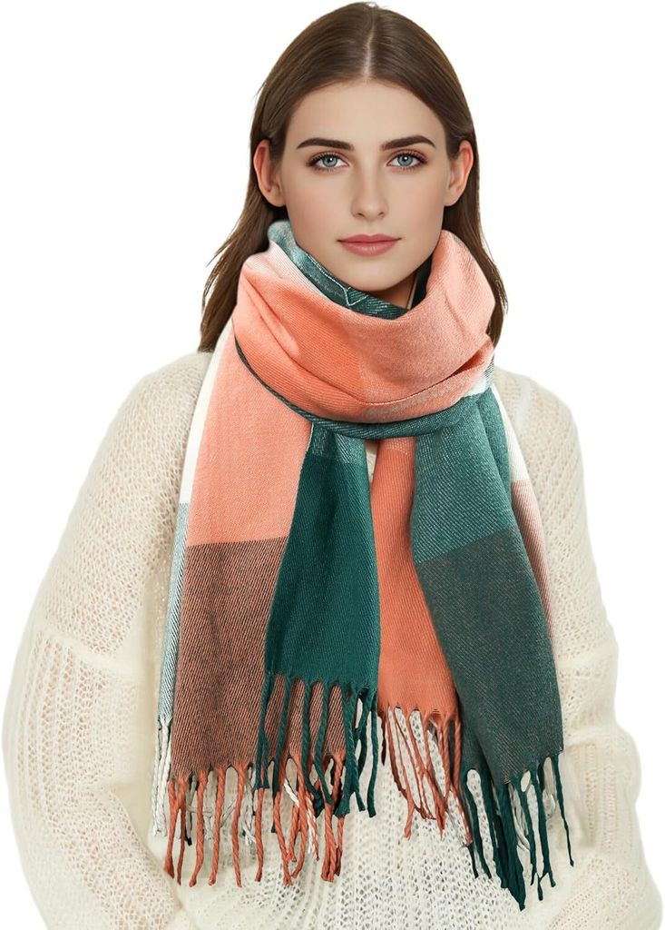 Karierter Damen Schal mit Fransen Rosa-Grün, im Oversize Look, Halstuch A0320