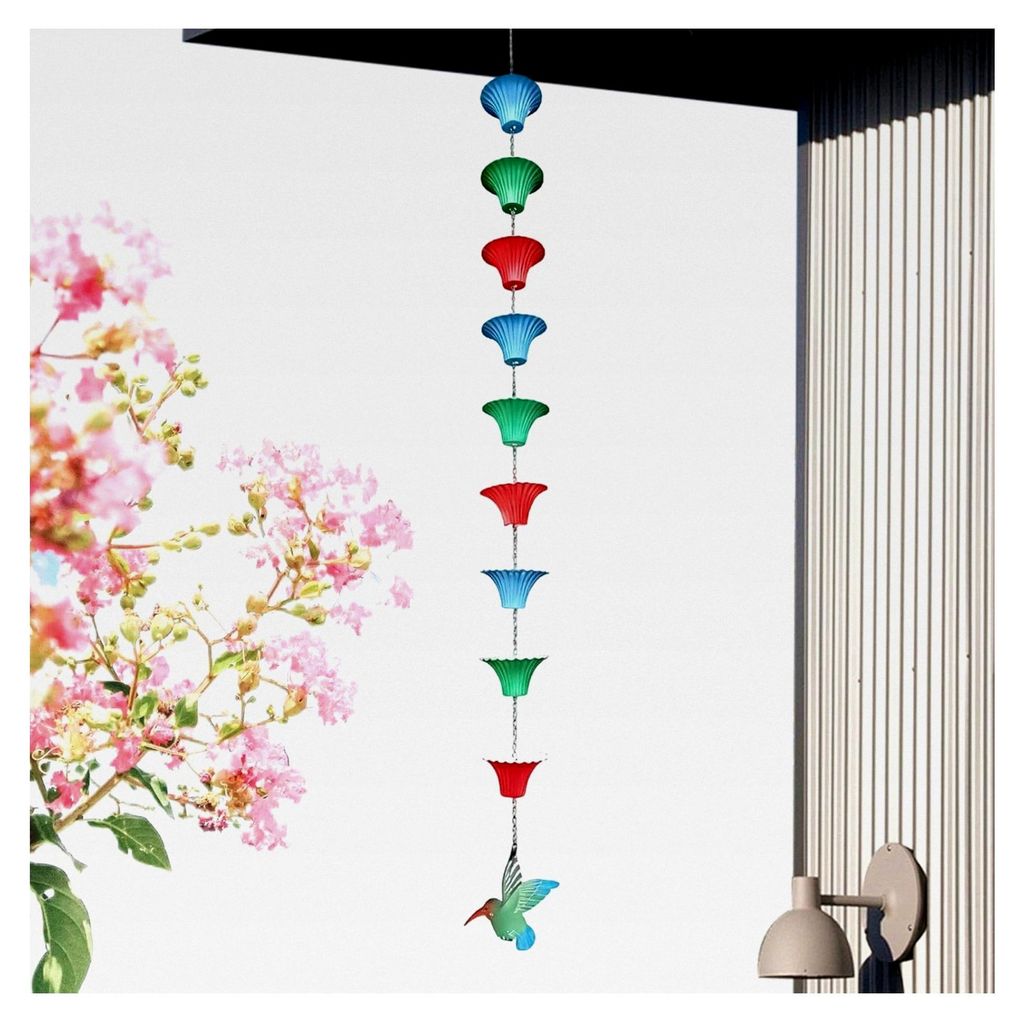 Regenrinnenkette - Verlängerung 1. Korrosionsbeständig - Dekorative Regenkette mit 8 Tassen im Kolibri-Design | Für Haus, Dachterrasse, Dachschi...