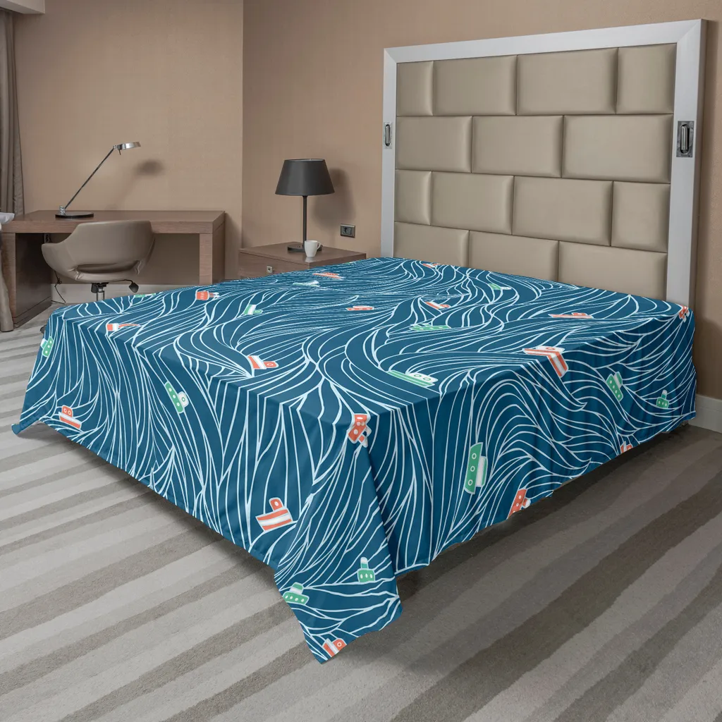 ABAKUHAUS Lenzuolo nautico, onde, navi, cartoni animati, barche a vela, vacanze, viaggi, motivo, morbido e confortevole lenzuolo superiore per un letto decorativo, 1 pezzo, 260 cm x 228 cm, blu petrolio, verde giada