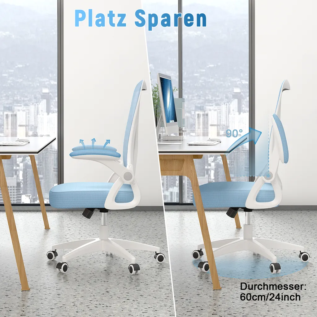 Fauteuil de bureau pour télétravail, chaise ergonomique bleue gain de place - 6