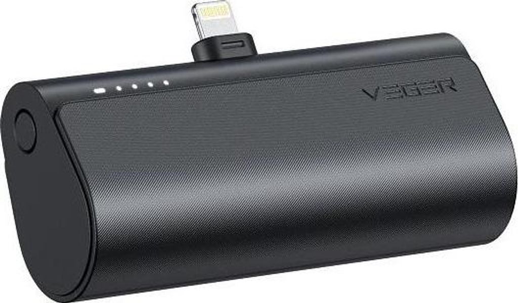 A black VEGER power bank with a built-in Lightning connector is shown against a white background.