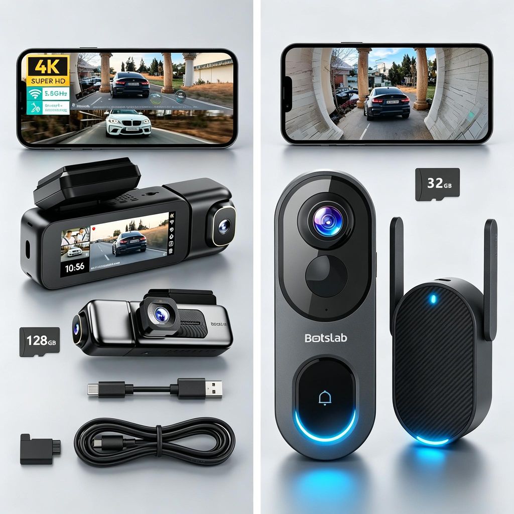 BOTSLAB 4 Kanal Dashcam Auto Mit 360 BOTSLAB 5MP Akku Türklingel mit Kamera