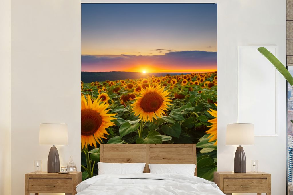 MuchoWow Fototapete für Wohnzimmer oder Schlafzimmer Wandtapete Vinyl Motivtapete Blumen - Nacht - Sonnenuntergang - Sonnenblume - Horizont - 18...