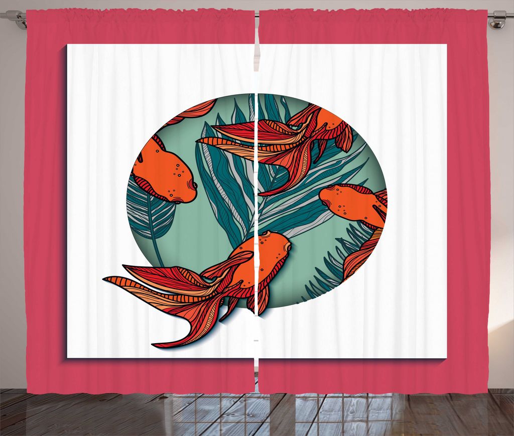 ABAKUHAUS Goldfisch Rustikaler Gardine, Tropische Blätter in Kreis, Wohnzimmer Universalband Gardinen mit Schlaufen und Haken, 280 x 225 cm, Mehrf...