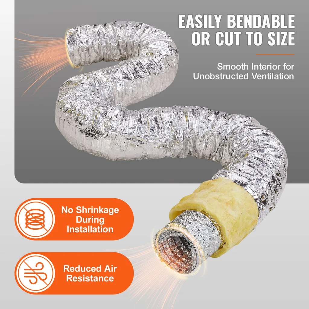 SucceBuy tubo di scarico per asciugatrice, condotto flessibile isolato da 127 mm, lungo 7,62 m con 2 morsetti, robusta protezione a 3 strati per riscaldamento HVAC, raffreddamento, ventilazione, aria di scarico, R-4,2, ritardante di fiamma - 4