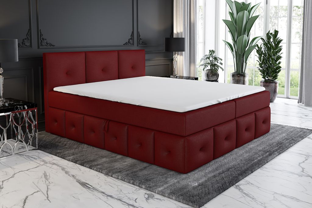 Boxspringbett BOLLI 200 x 200 mit 2 Bettkästen, Bonell-Matratze und Topper. Farbe: Rot