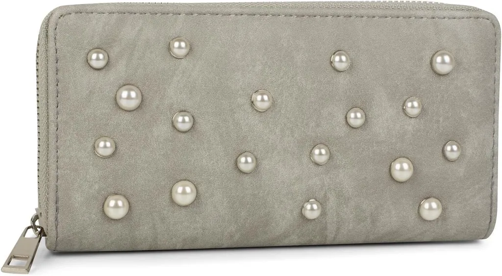 Portafoglio con perline sul davanti, zip a tutto tondo, borsellino, donna 02040092, colore:grigio chiaro