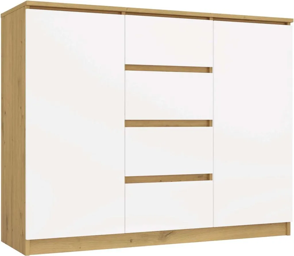 Commode large ELBE chêne artisanal et blanc pour chambre moderne