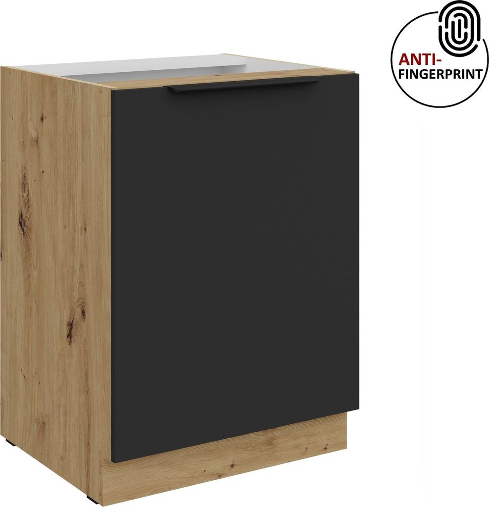 Küchen Unterschrank 60 cm Küche ARIA Schwarz ultra matt + Eiche Artisan matt, hochwertige Fronten mit Anti Fingerprint Beschichtung Küchenzeile ...