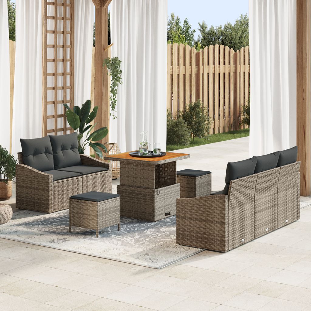 Desgin 8-teiliges Garten Sofa Set mit Kissen Grau Poly Rattan Akazie - Gartensofas 3364548
