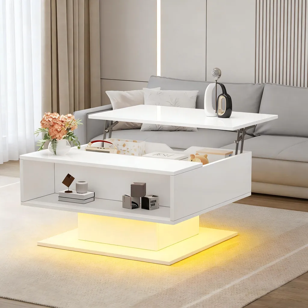 Table basse gain de place blanche avec rangement hydraulique