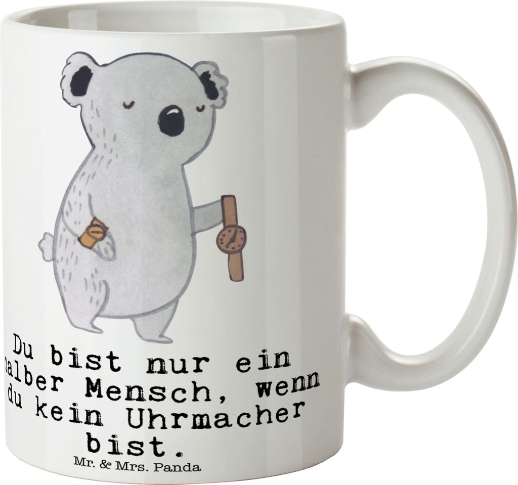 Mr. & Mrs. Panda Kaffeetasse Uhrmacher Herz - Weiß - Geschenk, design tasse, Kaffeebecher, Teebecher, Bedruckte